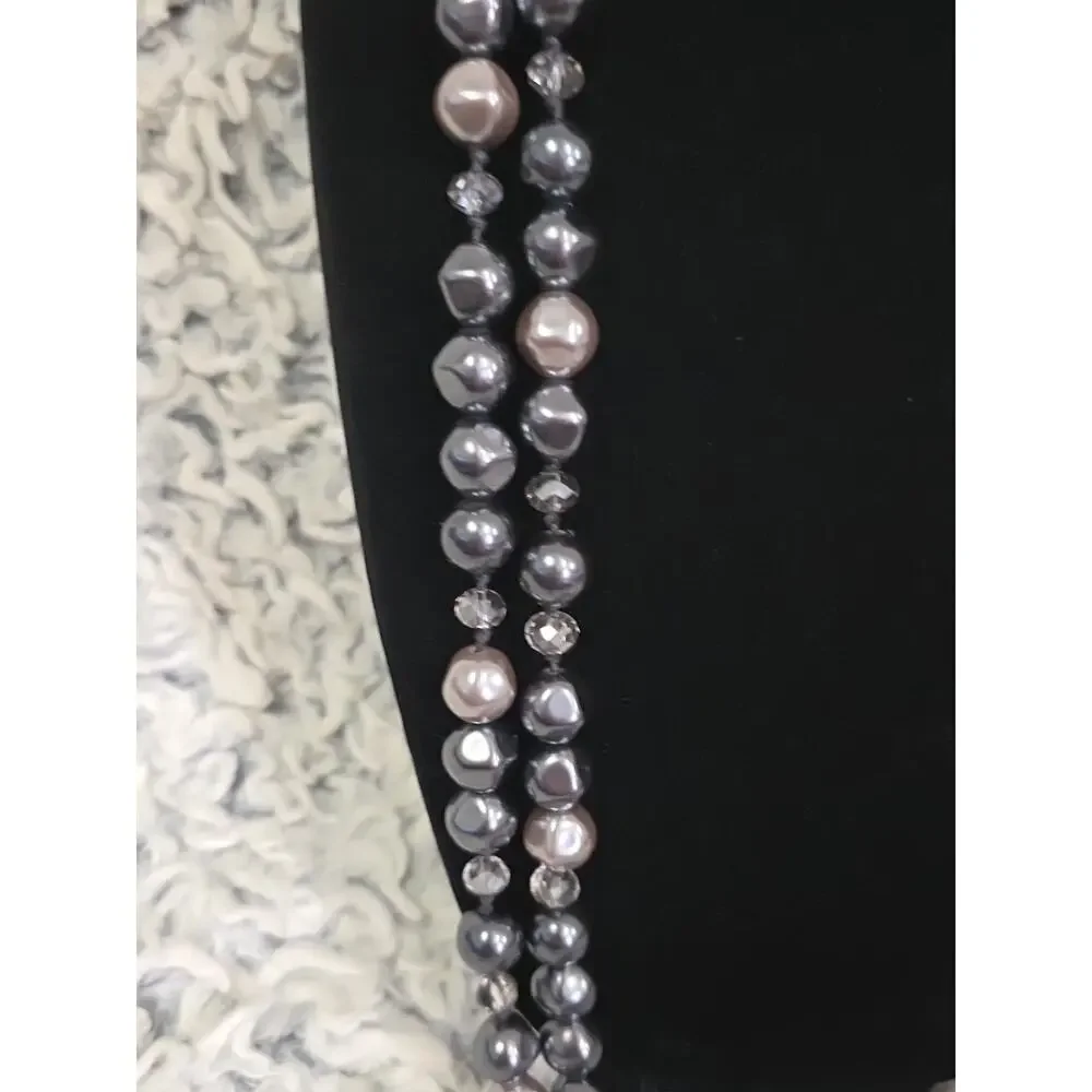 Chico's Signed Necklace Long 2 Layer Beaded Charcoal Silver Gunmetal Statement
